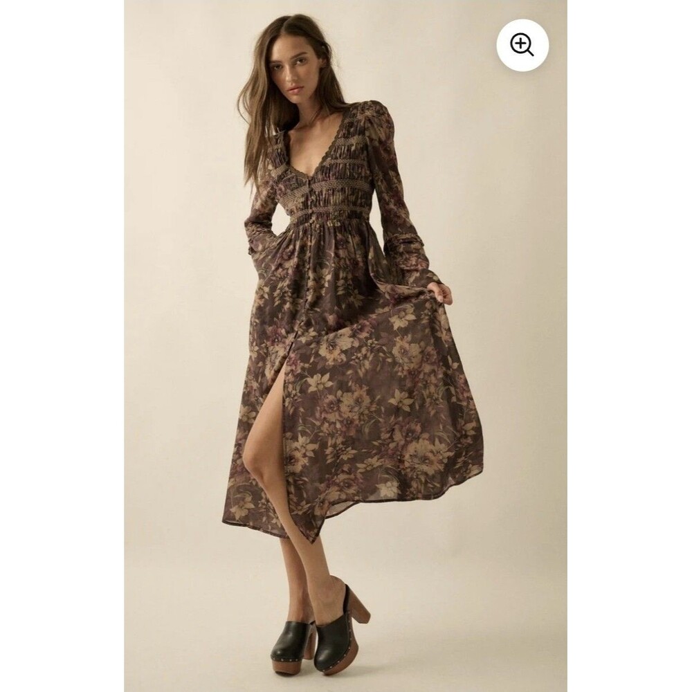 Promesa Small Brown Boho Blossoms Floral Bell-Sleeve Midi Dress Romantic Whimsy - Picture 2 of 12